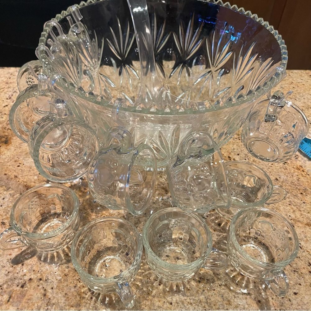 Vintage Large glass punch bowl - set of 12 cups